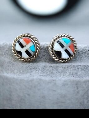 Vintage Zuni Sterling Silver Coral, Black Coral, Turquoise And Pearl Earrings